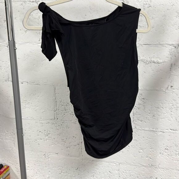 LIONESS Black Asymmetrical Ruched Tank - Cute Sleeves Cinched Side NWT Small - Picture 1 of 4